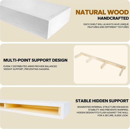 Floating Shelves 3 inch Thick for Wall Set of 2,Solid Pine Wood Wall Mount Shelf for Kitchen Living Room Bedroom Bathroom,8" D x 36" L x 3" H-White