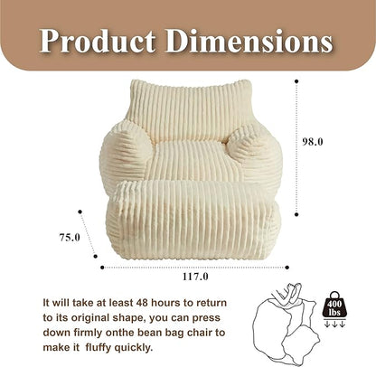 Premium Beige Bean Bag Chair for Adults with Armrest- Ultra Plush Memory Foam Lounge Sofa & Comfy Reading Nook Chair for Bedroom, Living Room & Dorm (White, Without Pedals)