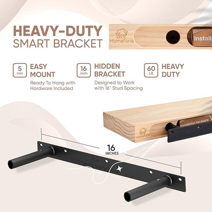 Homeforia 24inch Walnut Floating Shelves for Wall, High End Solid Real Wood 24in Floating Shelf for Bathroom, Dark Brown 24 inch Long Floating Shelves, Heavy Duty Bracket, 24 X 6.5 X 1.75 in, Set of 4