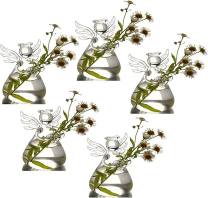 Angel Design Glass Vases Clear Flower Plant Terrarium Container Hanging Vase Wedding Decor Garden Ornaments Hanging Planter (Pack of 5)