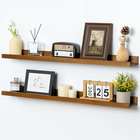 Picture Ledge Wall Shelves 36 inch Width Set of 2, Solid Pine Wood Rustic Floating Ledge Shelves for Wall for Kids' Room Bedroom Kitchen Bathroom Living Room Nursery Display Wall Decor, Walnut