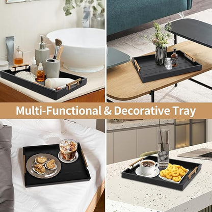 Coffee Table Trays - Large Ottoman Tray for Living Room - Wood Serving Trays with Handles(2 Sets) - Wooden Tray for Coffee Table, 4 Round Coasters Included, Black