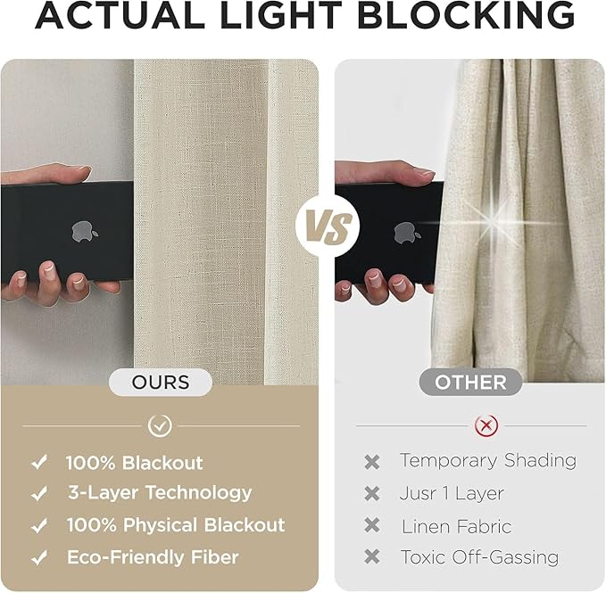 Joydeco Pinch Pleated Linen Curtains for Living Room, 100% Blackout Darkening Curtains 72 inches Length 2 Panel Thermal Insulated Pinch Pleat Drapes(Bleached Sand,40'' Wx72'' L)