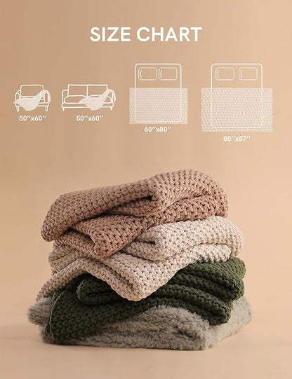 YnM Chunky Cotton Knit Throw Blanket, Cable Knit Throws for Bed Couch Sofa, Comfy & Relaxing, Decorative Piece for Farmhouse Modern Boho Rustic Scandinavian Chic Vibe, Cream White 80x87 Inches