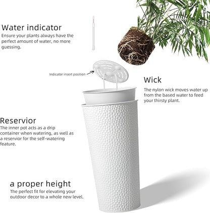 KOL 25" H. Metal Hand-Hammered Planters with Inner Pots 2-Pack, White Decor Planter for Deck, Patio, Porch - Galvanized Steel Handcrafted Flower Pot - w/Water Level Indicator - Indoor Outdoor Use