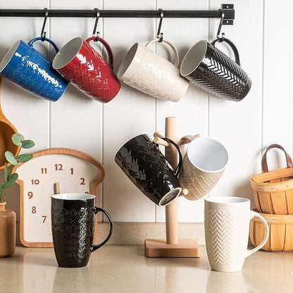 AmorArc Large Coffee Mugs Set of 6, 20oz Ceramic Tall Coffee Mugs Set with Textured Geometric Patterns for Latte/Tea/Beer/Hot Cocoa, Dishwasher & Microwave Safe, Black