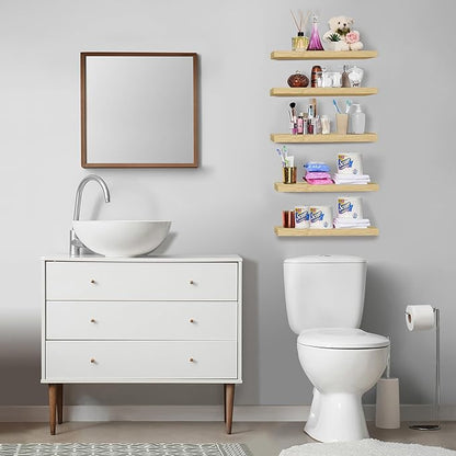 Sorbus Floating Shelves for Wall, Bathroom Shelves Wall Mounted for Kitchen, Bedroom, Living Room, Bathroom Storage, Over Toilet, Hanging Book Shelf for Ｗall Home Decor (Maple Wood, 5 Pack)