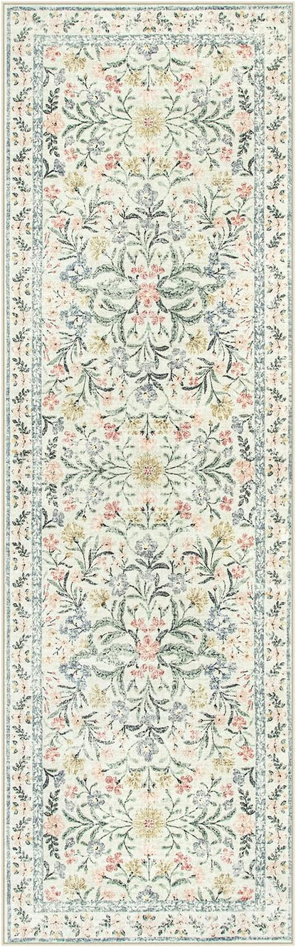 Wonnitar Washable Rug Runner 2'6''x8', Boho Floral Hallway Runner Rug 8ft Long Carpet for Bedroom, Soft Non Slip Ultra-Thin Beige Carpets for Bathroom Kitchen Bedside