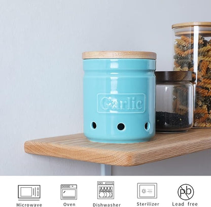 Large Garlic Keeper with Wooden Lid, Ceramic Garlic Holder Storage, Garlic Container for Kitchen, Garlic Saver to Keep Your Garlic Cloves Fresh Longer 4.5-Inch, Turquoise