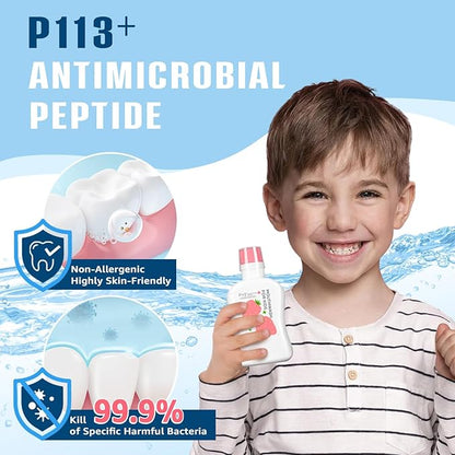 Mouthwash for Kids P113+ Peptide Anti Cavity Mouth Rinse Alcohol Free for Teeth and Gums Safe Oral Hygiene for Newborn to Toddler 11.08 fl oz (11.08 Fl oz, Strawberry)