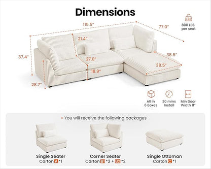 Oversized Modular Sofa, Extra Deep Cloud Corduroy Sectional Couch with Ottoman Chaise, Fluffy Chenille 4 Seat L-Shaped Sofa for Living Room, Villa (L Shape 4 Seater, Corduroy White)