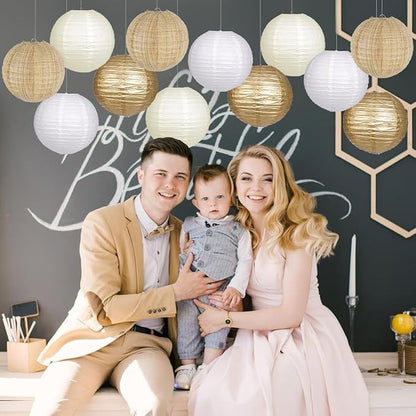 Paper Lanterns Gold White Round Hanging Chinese Lanterns for Wedding Birthday Party Boho Baby Shower Decorations Pack of 12