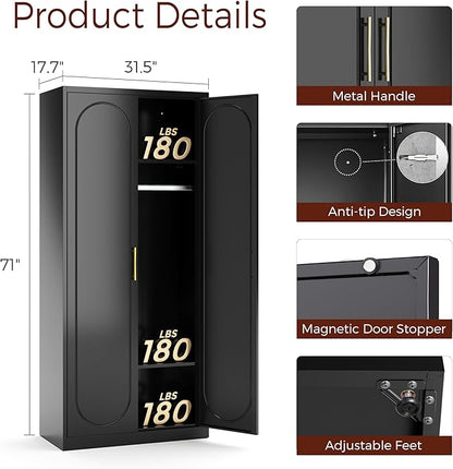 Metal Armoire Wardrobe Closet with 2 Doors, 71" Black Wardrobe Cabinet with Hanging Rod and Adjustable Shelves, Tall Clothing Storage Cabinets for Bedroom, Laundry Room, Home Office