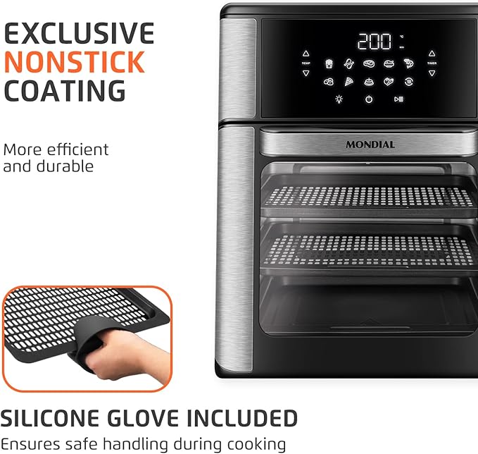 Air Fryer Oven 1800W, 12.7QT Capacity, Touchscreen Panel, Automatic Shut-Off – Black & Stainless Steel – Mondial