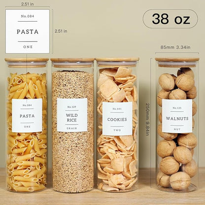 4 Pack Glass Jar with Airtight Wood Lid and White 132 Kichen Pantry Labels Preprinted - 38 Oz Clear Round Glass Food Storage Containers set For Cereal Rice Sugar