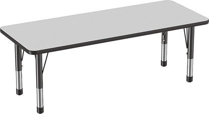 FDP Rectangle Activity School and Classroom Kids Table (24 x 60 inch), Chunky Toddler Legs, Adjustable Height 15-24 inches - Gray Top and Black Edge