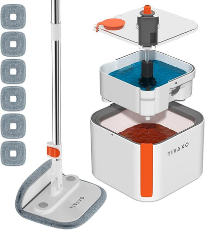 Mop and Bucket Set, Spin Mop with Self Seperates Dirty Water System, Square Mops for Floor Cleaning, 360 Rotating Foldable Standing Mop Head, Versatile Mops for Walls (Mop Bucket with 6 Pads)