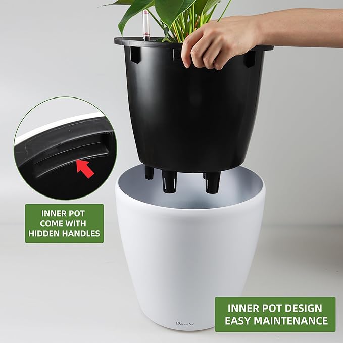 Dexceder 13x12 Self Watering Planter with Wheels Indoor Outdoor, Inner Pot Design, Thickened Large Floor Standing Flower Plant Pot with Water Level Indicator (White Matte)