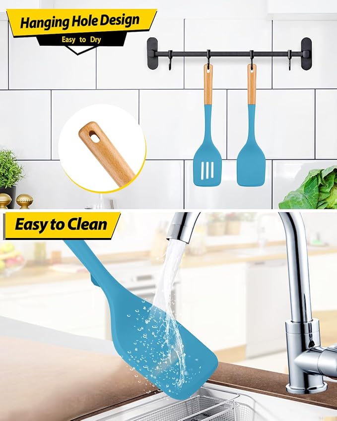 Pack of 2 Large Silicone Spatula, Heat Resistant Solid Turner, Non Stick Slotted Spatulas with Wooden Handle, Ideal Kitchen Utensils for Flipping, Pancakes, Eggs, Fish(BLUE)