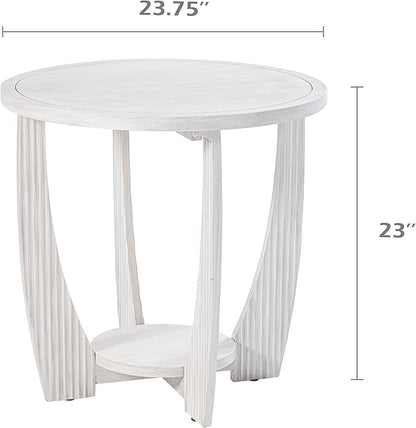 Rustic Farmhouse end Table with Storage Shelf, French Country Accent Side Table for Family, Dinning or Living Room, Small Spaces, Modern, Round, White