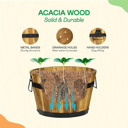 IDZO Set of 3 Wooden Flower Planters for Outdoor Plants, Acacia Wood Barrel Planters, Ergonomic Handles, Drainage Holes, Various Sizes, Golden Teak