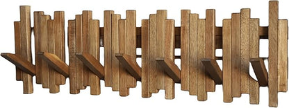 Natural Wood Wall Mounted Piano Coat Rack| Coat Rack Wall Mount| Flip Down Wall Hook Rack 7 Hooks| Entryway Wall Art Hook,Made of Acacia Wood (Wood Wax Oil staining Light Brown).
