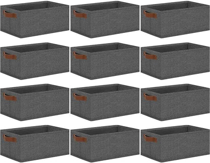 GhvyenntteS Small Fabric Storage Bins 12 Pack, 11.8" x 7.87" x 5.11" Storage Basket with Leather Handles, Closet Storage Bins for Shelves, Storage Baskets for Shelves, DVD Storage (Grey)