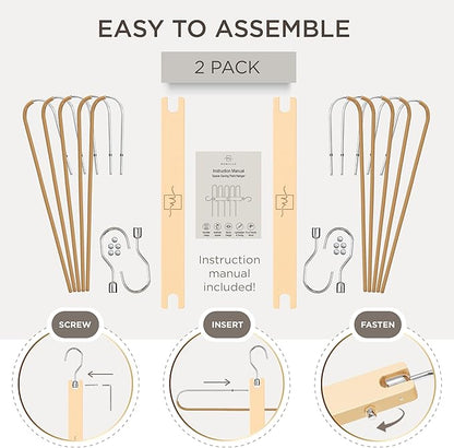 MORALVE Pants Hangers Space Saving - 2 Pack European Beechwood Scarf and Jean Hangers - Closet Organizer and Space Saver Pant Rack, Leggings Hanger, and Scarf Holder with 360° Swivel Hook