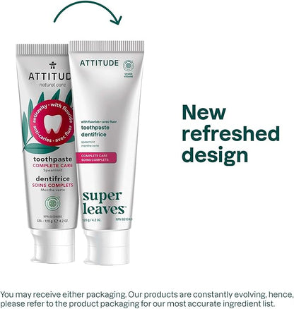 ATTITUDE Complete Care Toothpaste with Fluoride, Spearmint Flavor, Vegan & Cruelty-Free, Sugar-Free, Plant & Mineral-Based Ingredients, Clean Oral Care, 4.2 Oz