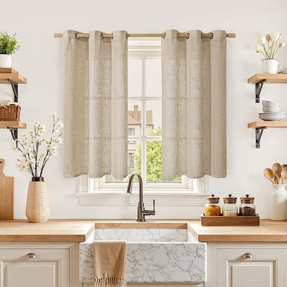 LAMIT Kitchen Linen Curtains 40 Inch Length, Soft Thick Light Filtering Bronze Grommet Window Textured Neutral Sheer Drapes for Cafe/Window/Loft Room, 2 Panels, 34 x 40 Inch, Brown