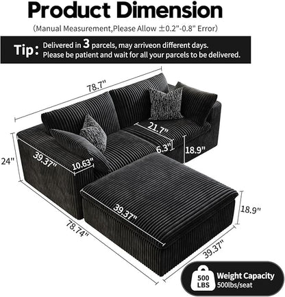 LoveSeat Cloud Couch Modular Sectional Sofa for Living Room,Modern Sofa with Deep Seat，2 Seater Boneless Couch with Ottoman,Comfy Upholstered Couches for Apartment, Studio, Office,Bedroom，Black