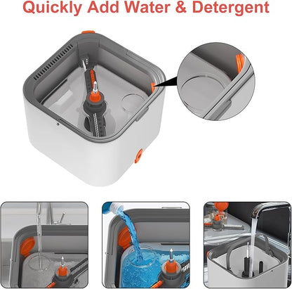 Mop and Bucket Set, Spin Mop with Self Seperates Dirty Water System, Square Mops for Floor Cleaning, 360 Rotating Foldable Standing Mop Head, Versatile Mops for Walls (Mop Bucket with 4 Pads)