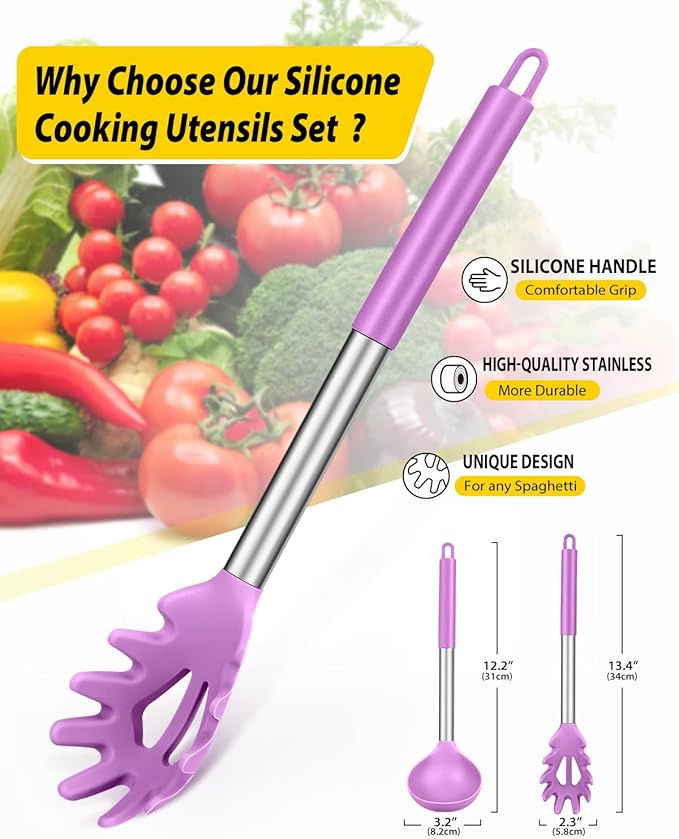 Silicone Pasta Fork and Ladle Spoon Set, Large Non Stick Kitchen Utensils for Cooking,Stirring,Serving Spaghetti, Soup, Sauce (PURPLE)