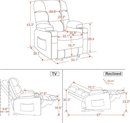 MCombo Zero Gravity Power Recliner Chair with Heat and Vibration Massage, Reclining Chair with USB Ports, Cup Holders for Living Room, Faux Leather PR621 (Light Grey)