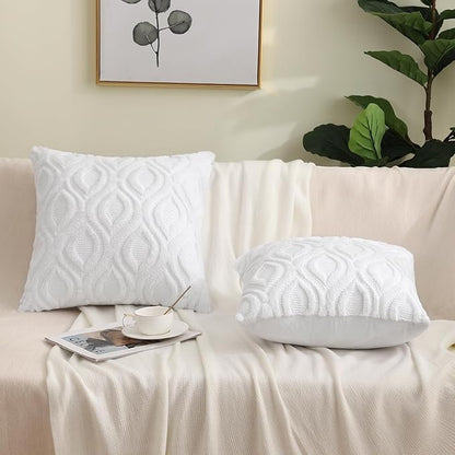 decorUhome Fall Throw Pillow Covers 18x18 Inch Set of 2, Soft Plush Decorative Faux Fur White Solid Couch Pillow Covers, Accent Farmhouse Neutral Square Euro Pillow Cases for Sofa Bed Living Room