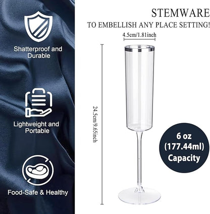 Ciaell 24 Pack Silver Plastic Champagne Flutes - 6 Oz Disposable Champagne Glasses - Square Silver Rim Plastic Toasting Glasses for Party Birthday Anniversary Wedding
