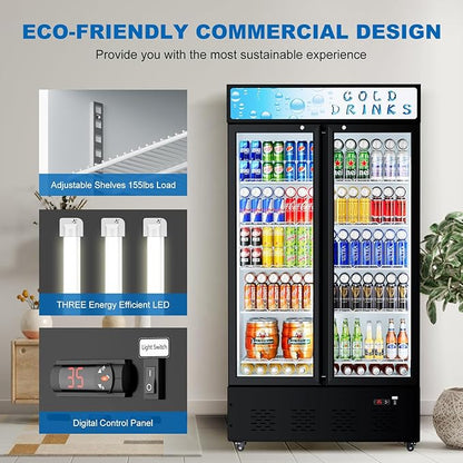 30 Cu.ft. Commercial Beverage Refrigerators Glass Door Refrigerator Upright Display Cooler with Soft LED Light and Adjustable Shelves for Restaurant Grocery Stores Home