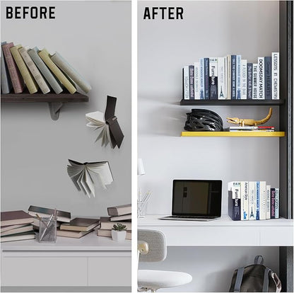VONDERSO Metal Bookends Black, 2 Pairs Decorative Metal Book End Supports for Shelves Gauge Metal Book Divider Stopper Holders with Non-Slip Anti-Scratch Rubber Pads