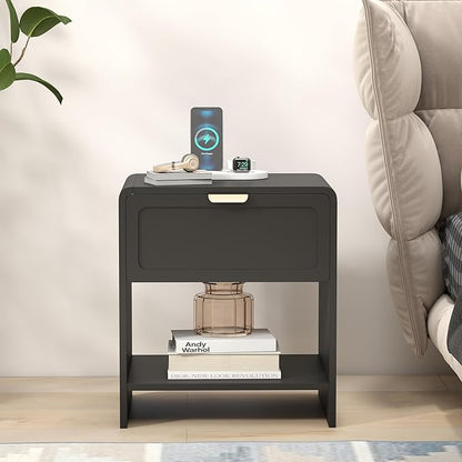 LEVNARY Nightstand Set of 2, Mid-Century Modern Bedside Table with Charging Station and Curved Top Corners, Wooden End Table for Farmhouse Bedroom Living Room (2, Black)