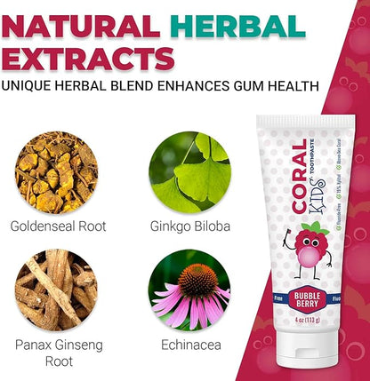 Coral White Kids Bubble Berry Fluoride Free Toothpaste - 4 Ounces (2 Pack)