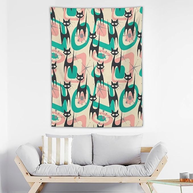 ICMOLYYENLO Boho Medieval Cat Tapestry, Abstract Atomic Starburst Geometric Aesthetic Art Wall Hanging For Bedroom Living Room Dormitory 50x60 Inches