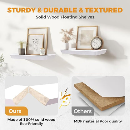 24"x6.8"x1.6" Slanted Floating Wall Shelves 2-Pack - Rustic White Finish, Heavy-Duty Solid Wood Design with Hidden Brackets - Perfect for Living Room, Kitchen, Bathroom, or Office