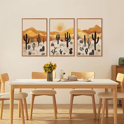 KAIRNE Cactus Canvas Wall Art,Desert Landscape Paintings,Aesthetic Abstract Prints Set of 3(16”X24”),Minimalist Farmhouse Wall Decor,Abstract Boho Artwork for Living Room Bedroom Office Decoration
