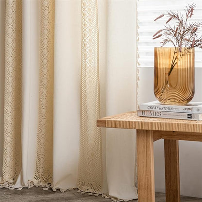 Sutuo Home Boho Curtain Crochet Dots Patchwork Semi-Blackout Bohemian Handmade Tassels, Rod Pocket Window Treatment Vintage Rustic Farmhouse Drapes for Living Bedroom, 1 Panel 59" W x 84" L, Beige
