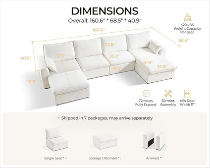 Oversized Modular Sofa Comfy Cloud Couch with Storage, Extra Deep Plush Sectional Sofa Set for Living Room, Covers Washable, Chenille, Olar (White, 6-Seater with 2 Ottomans, u-Shaped)