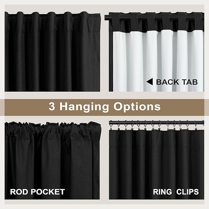 Black Linen Blackout Curtains 120 Inches Long 2 Panels Burg for Living Room Back Tab Pleated Thermal Cold Heat Sun Blocking Extra Long Drapes Black Out Blinds Shades for Bedroom Windows 52x120 Length
