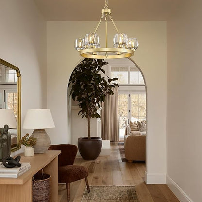 Gold Wagon Wheel Chandelier, 24 Inch Brass Chandeliers with Unique Glass Shade, 6-Light Crystal Farmhouse Wagon Wheel Chandeliers for Dining Room, Round Chandelier for Living Room, Foyer, Entryway