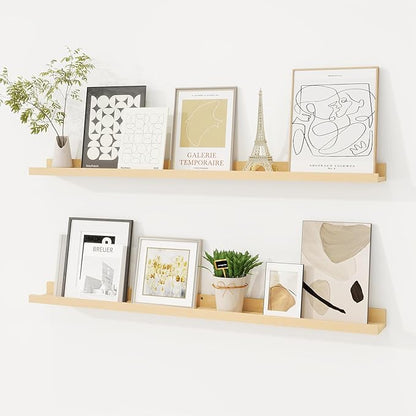 Picture Ledge Shelf, Solid Pine Wood Floating Shelves Set of 2, 32 Inches Nursery Book Shelves for Toys Storage, Kids Bookshelf Wall Mounted for Living Room Decor Photo Frames, Unfinished Natural