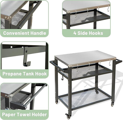Domi 3-Shelf Outdoor Grill Table, Grill Cart with Wheels, Outdoor Pizza Oven and Food Prep Table, Blackstone with Stainless Steel Tabletop, BBQ Stand for Blackstone Griddle for Outside BBQ