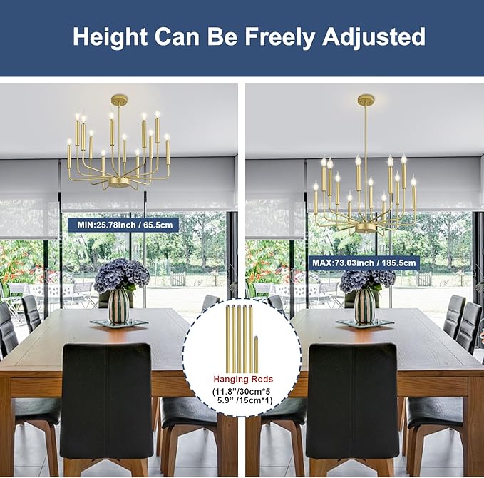 Modern Gold Farmhouse Chandeliers, 12-Light Industrial Metal Chandelier Lighting, Classic Candle Hanging Pendant Light Fixtures for Kitchen, Dining Room, Living Room, Entryway